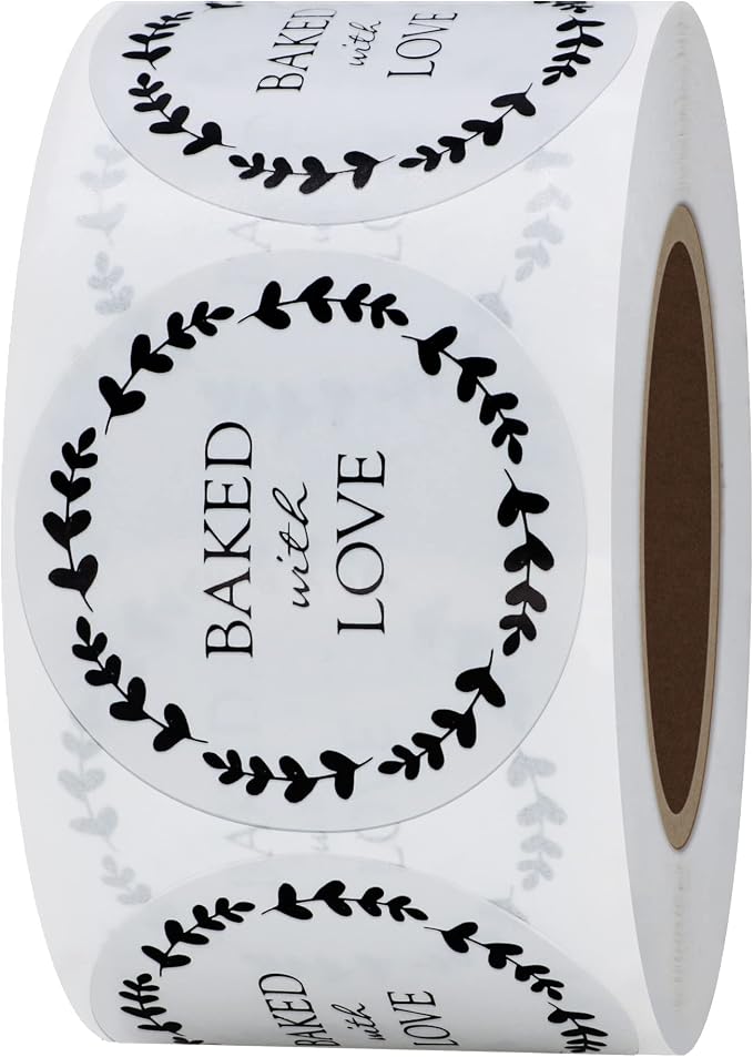 Hybsk Baked with Love Stickers with Wreath Around 1.5 Inch Round Total 500 Adhesive Labels Per Roll (Glossy Paper)