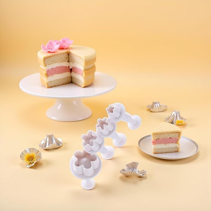 4Pcs White Flower Plunger Cookie Cutter DIY Blossom Flower Cake Fondant Mold Plastic Cake Decorating Tools Baking Accessories Cookie Cutters For Baking Plastic, Dessert and Candy Sculpting Tools