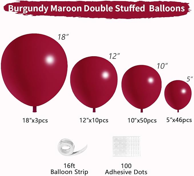 Double Stuffed Burgundy Balloons Different Size 115Pcs 5/10/12/18 Inch Maroon Balloon Garland Arch kit for Birthday Wedding Baby Shower Anniversary Party