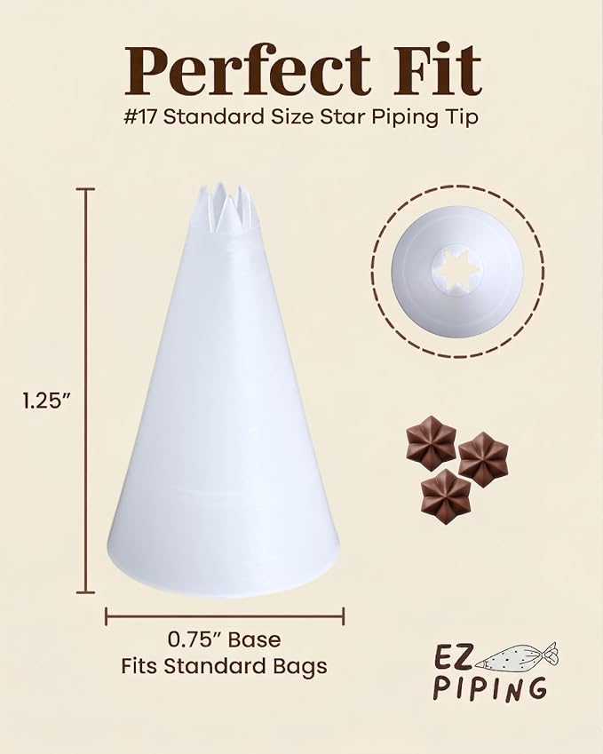 Reusable Plastic Piping Tips Standard Size Star Tip #17 20 Pack with 2 Couplers Star Icing Nozzle for Cake Decoration, Dessert Design Baking Supplies and Piping Bags Base Ø 0.75"Height 1.25"