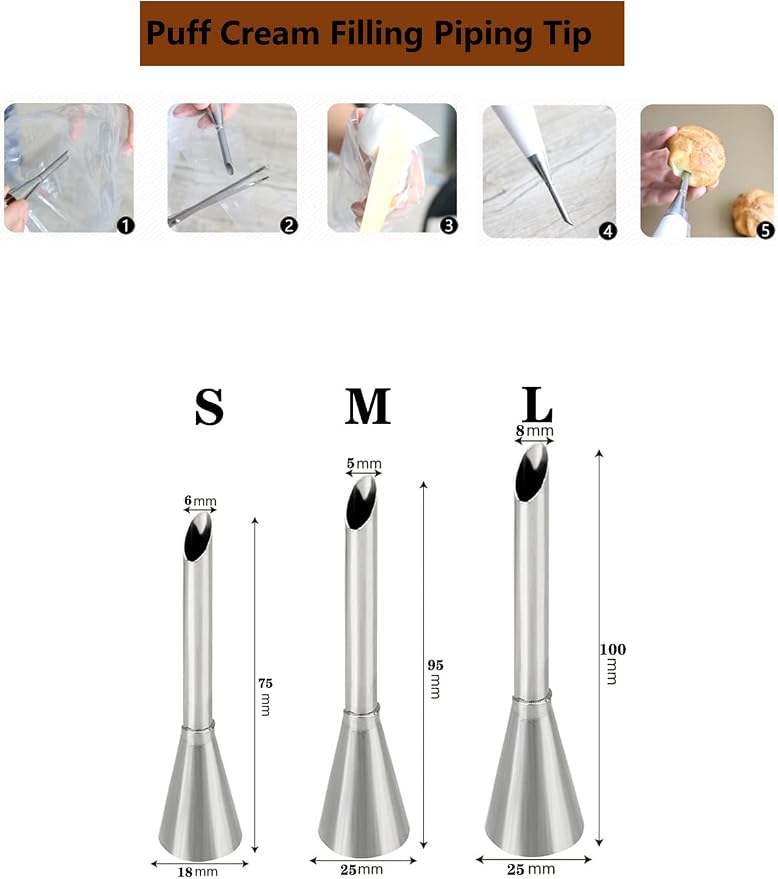 Piping Tips for Filling Eclairs Donuts Doughnuts Cupcakes,Donut Filler Tip,Bismark Pastry Tip,Long Puff Cream Filling Tip,3 Pcs