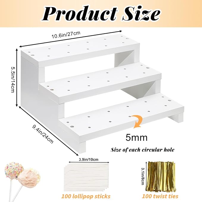 Wood Cake Pop Stand, 3 Tier White 33 Holes Lollipop Display Holder with Twist Ties Lollipop Sticks, Cupcake Dessert Display Stand Riser for Table of Wedding Birthday Party Christmas Day (A)