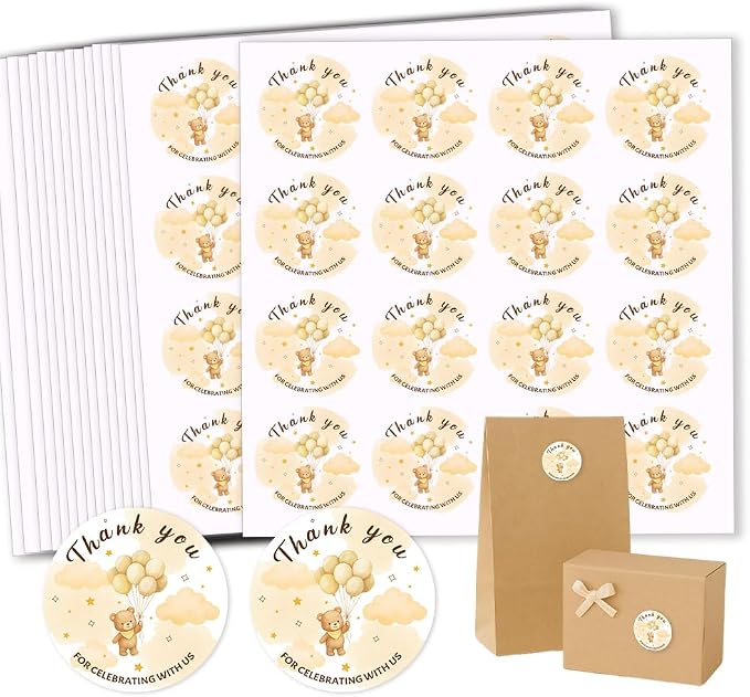 320 Pcs Balloon Bear Thank You Stickers, 2 Inch Round Gold Foil Thank You Gift Stickers Waterproof Self-Adhesive Packaging Sticker for Packaging, Gift Bags Boxes Orders