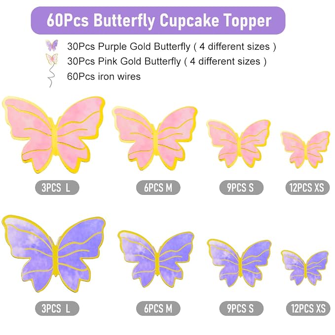 60Pcs Butterfly Cupcake Topper Pink Purple Gold, Lively 3D Butterflies for Cake Decor Birthday Anniversary Kids Wedding Girl Women Party Wall Food Decorations,Mixed Size
