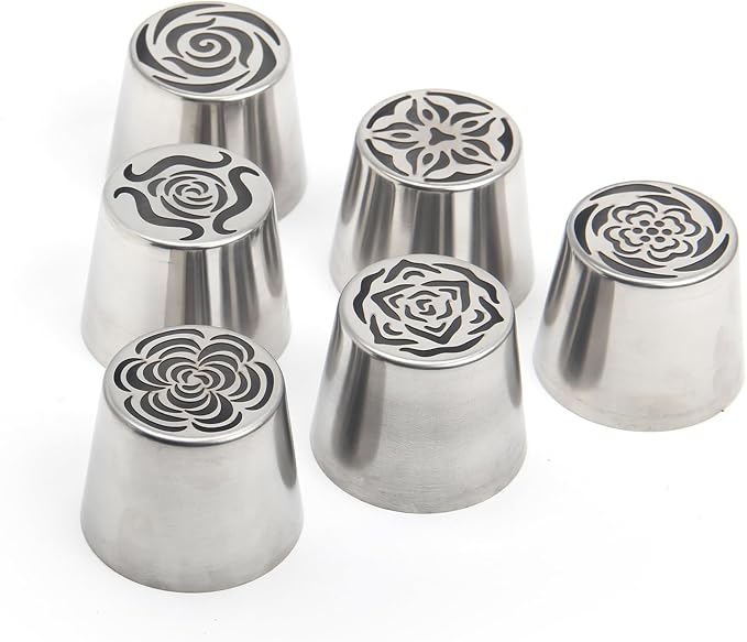 9Pcs Extra Large Russian Piping Tips Set, Stainless Steel Rose Flower Nozzles for Cake Decorating Baking Tools, Includes 6 Extra Large Flower Tips, 2 Leaf Tips, 1 Piping Bag Adapter