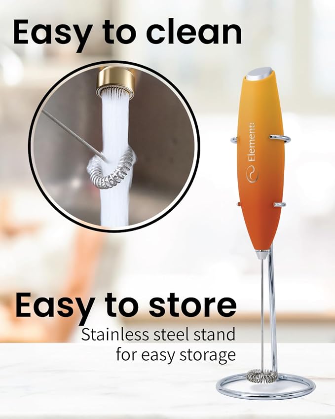 Elementi Milk Frother Wand & Drink Mixer with Stand - Powerful Coffee Frother Handheld Coffee Mixer Wand - Hand Held Milk Foamer to Make Perfect Cappuccinos, Lattes & Drink Mixes at Home (Sunrise)