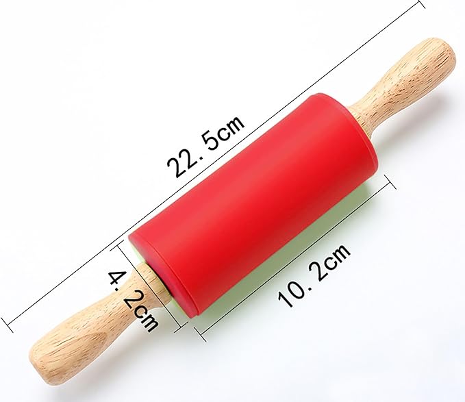 Red Rolling Pin, 9 Inch Silicon Rolling Pin with Wooden Handle for Kneading the Dough of Baking Bread, Pizza, Cookie, Noodles (red, 9 inch)