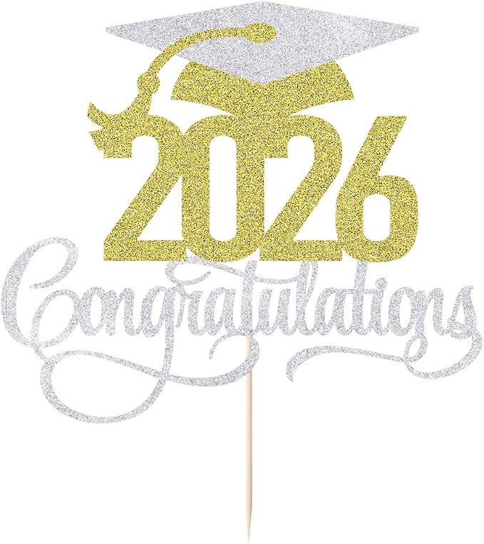 Silver-gold 2026 Congratulations Graduation Cake Topper,Congrats Grad Cake Decor - 2026 High School/College/Senior Graduation Party Decorations Supplies