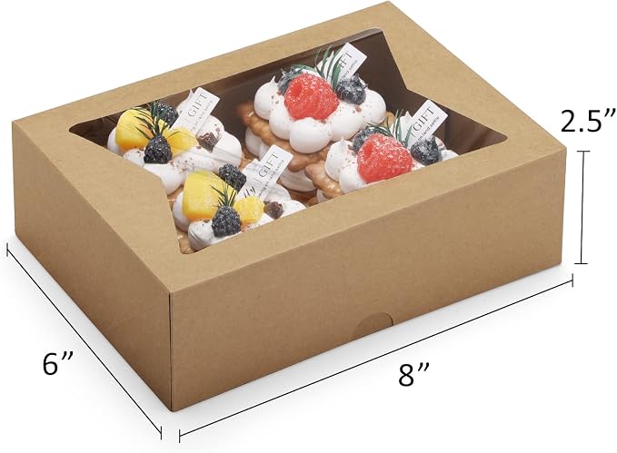 Eupako Cookie Boxes with Window 8x6x2.5 Inhces, 24pcs Auto-Popup Brown Treat Boxes for Bakery, Donuts, Candy, Pastry,Cupcakes, Biscuits, Chocolate Strawberries