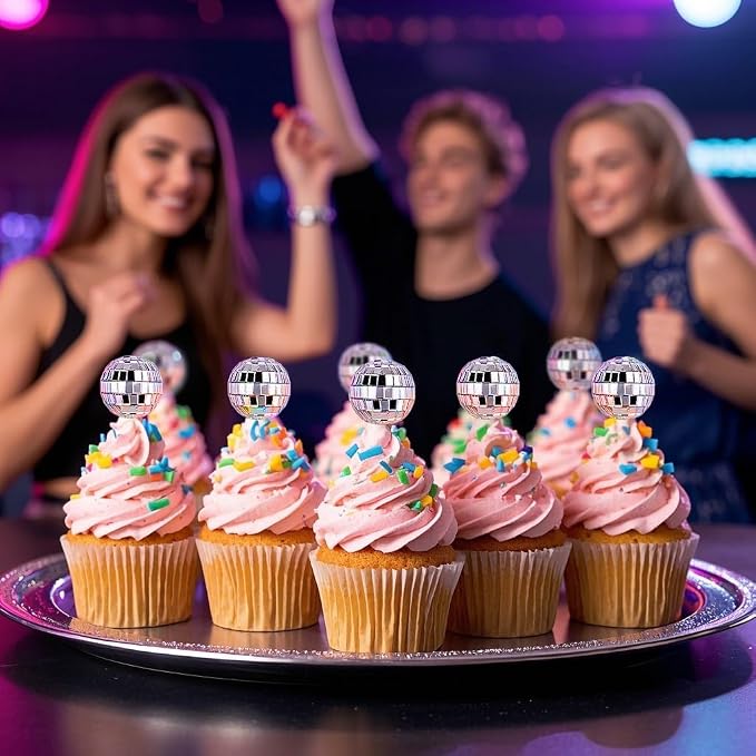 Soelomu 24 Pcs Disco Ball Cupcake Toppers, Mini Disco Ball Cake Picks Birthday Cake Decorations for 1970s Disco Theme Party Favor