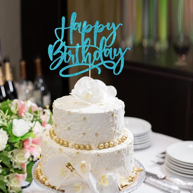 Kaoenla Happy Birthday Cake Topper, light blue Glitter handwork Happy Birthday Cake Decoration Suitable For Anniversary/Birthday Party Decor