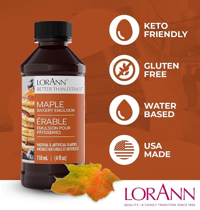 LorAnn Oils Maple Bakery Emulsion: True Essence, Ideal for Boosting Fruit Tones in Cakes, Cookies & Desserts, Gluten-Free, Keto-Friendly, Extract Substitute Essential for Your Kitchen, 4 Oz
