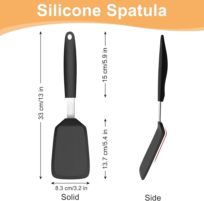 Beijiyi Silicone Spatula Turner, 600°F Heat Resistant, 13 x 3.2 in (Black) | BPA Free, Non-Toxic, Flexible Turner, Non Scratch for Non Stick Frying Pan, Flipping, Cooking, Dishwasher Safe