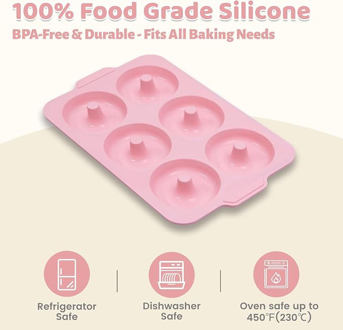 3.5 Inch Nonstick Silicone Donut Pan for Baking with Metal Frame, 1 Pack Donut Molds for Baking, 6 Cavity Doughnut Pan for Oven and Bagel Trays Non Toxic with Handle (Pink)