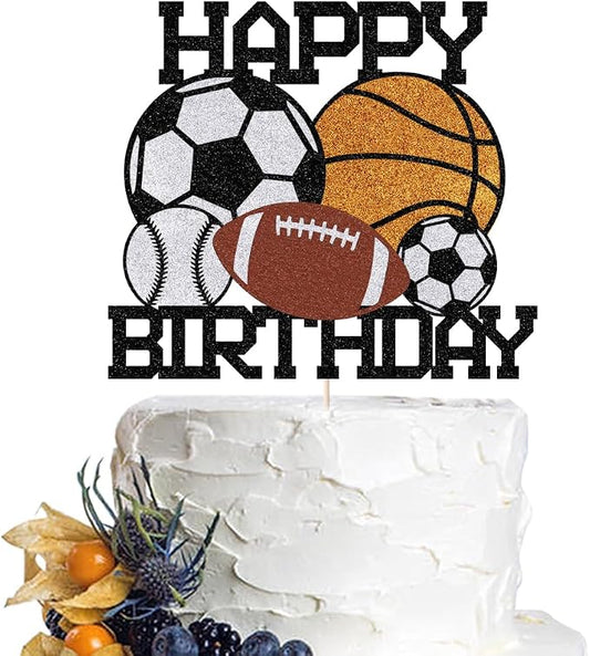 Sports Happy Birthday Cake Topper， | Boys and Girls Sport Theme Party Decoration，Football basketball Rugby baseball Cake Decorations Birthday Decor for Sport