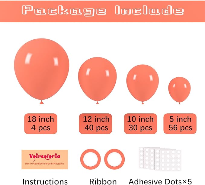 Voircoloria 130pcs Coral Red Balloons Different Sizes 18" 12" 10" 5" Pastel Red Latex Balloon Garland Arch Kit for Birthday Baby Shower Graduation Wedding Valentine's Day Christmas Party Decorations
