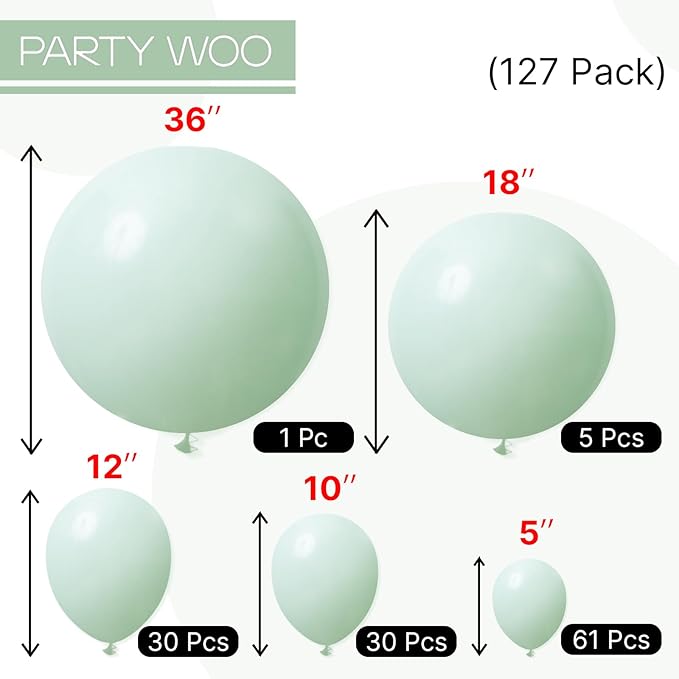 PartyWoo Light Green Balloons 127pcs Different Sizes Pack of 36 18 12 10 5 Inch Mint Pastel Peppermin Green Balloon Arch Kit for Baby Shower Spring Forest Birthday Party Decorations Green-Q06