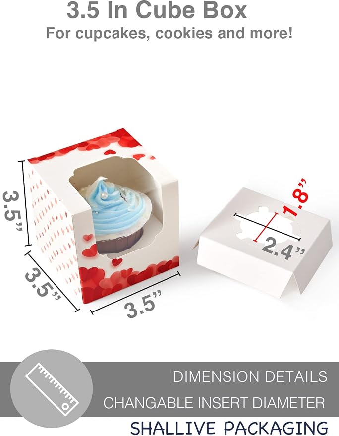 Valentine's Day Individual Cupcake Boxes 60 Pack with Window Single Cupcake Containers for Muffins, Chocolate Covered Strawberry for Wedding Favor Gift Cocoa Bomb Packaging with Inserts