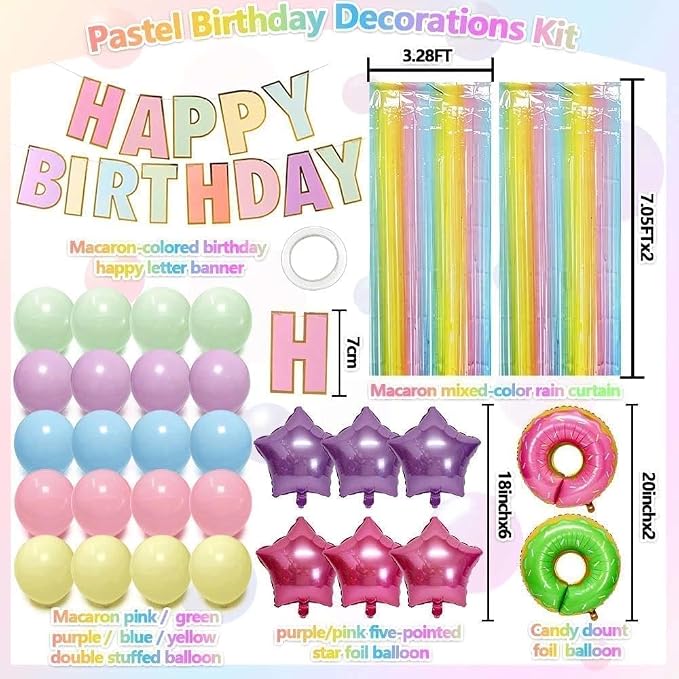 Pastel Birthday Decoration Kit Happy Birthday Banner Macaron Fringe Curtains Green Pink Candy Donut Star Foil Balloon Rainbow Colorful Double Stuffed Balloons for Girls Baby Shower Easter Party Decor
