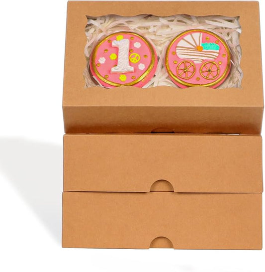 ROSPAKTEK 100pcs 7x4.3x2 Inches Brown Bakery Boxes with Window for Cookies, Macarons, Chocolate Covered Strawberries, and More