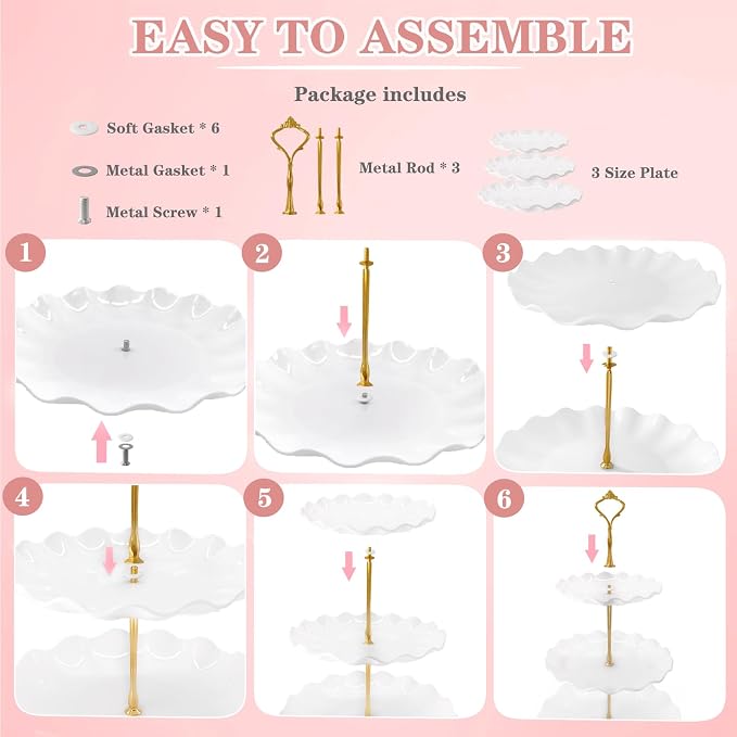 5 Pcs Dessert Table Display Set, White Plastic 2 Pcs Round 3 Tier Cupcake Stand Cup Cake Tower Stand with Metal Rod & 3 Pcs Serving Tray for Baby Shower, Tea Party, Wedding, Birthday Party