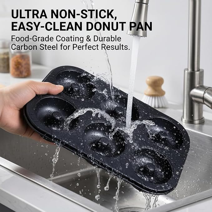 2 Pack Nonstick Donut Baking Pans, 6 Cavity Easy Steel Clean Doughnut, Oven Safe Heat Resistant, Reusable Bakeware for Making Donuts Bagels Homemade Desserts (Black, 6 Cup)