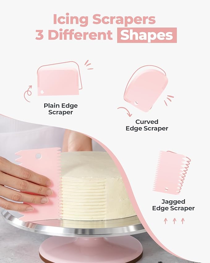 Kootek 158PCs Cake Decorating Kit with Aluminum Cake Turntable, 64 Piping Tips, 50+2 Pastry Bags, Frosting Spatulas, Leveler, Scrapers, Fondant Molds, and More Baking Supplies Decorating Tools(Pink)