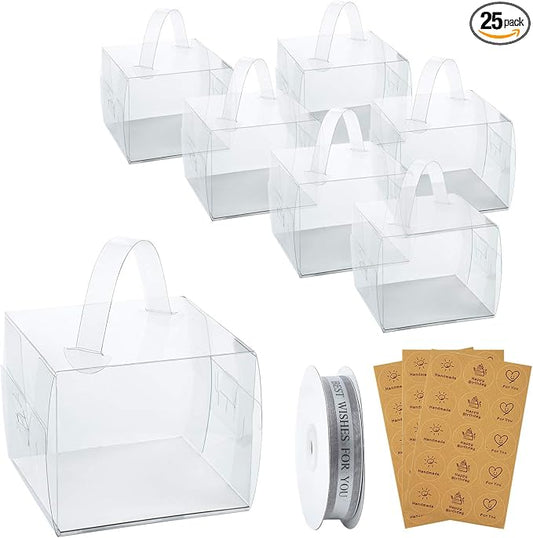 BURLIHOME 25Pcs Clear Cake Box,5x5x4Inch Bakery Boxes with Handle,Party Favor Boxes Ideal for Pie Cookie Candy, Pastry Boxes for Birthday Wedding