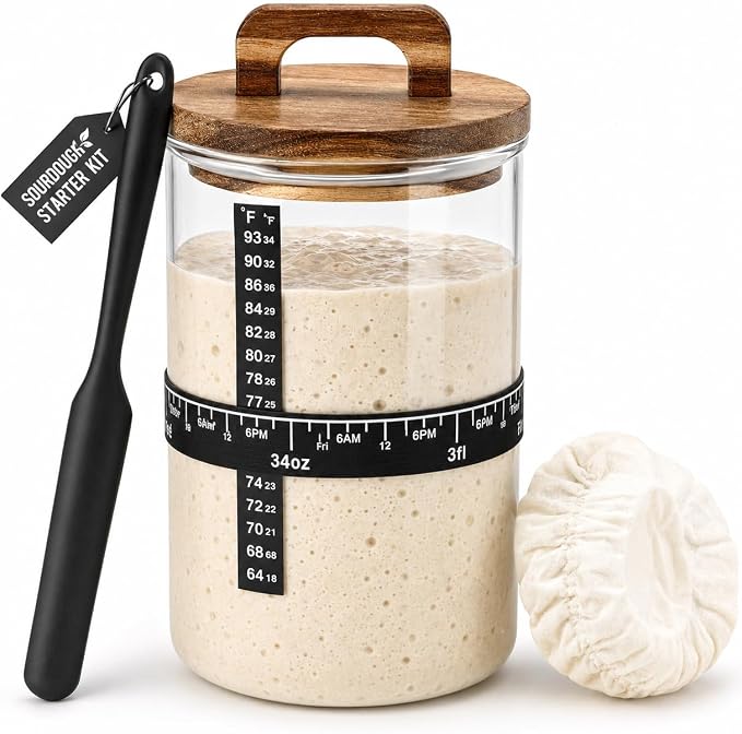 Sourdough Starter 35 Oz Jar,Glass Sourdough Bread Baking Supplies with Wooden Handle Lid,Sour Dough Bread Starter Jar Kit,Date Marked Feeding Band,Thermometer,Silicone Scraper,Sewn Cloth Cover