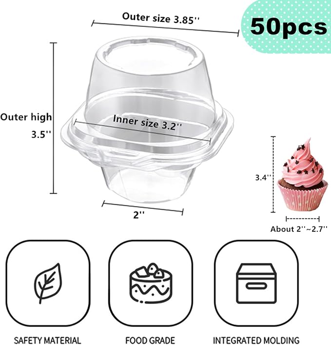 i-CHONY Individual Cupcake Holder - Clear Plastic Dome Single Cupcake Carrier Muffin Container Holders Cases Boxes Cups(50pcs)