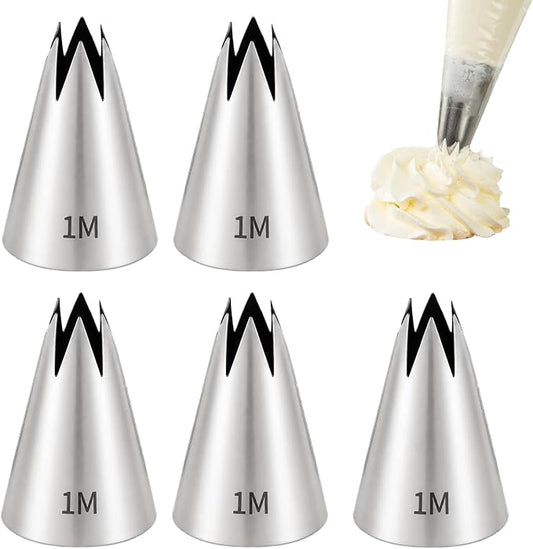 5 Pcs 1M Piping Tip Set For Icing Cupcake Cake Decorating | Stainless Steel, Reusable, Standard Size Fits Most Couplers