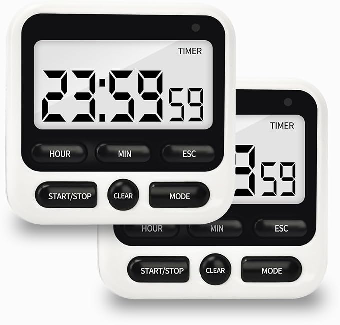 2 Pack Multifunctional Kitchen Timer with Silent/Alert Mode, 24-Hour Clock, Memory Recall, Fast-Forward, and Magnetic Back for Cooking, Baking, Teaching
