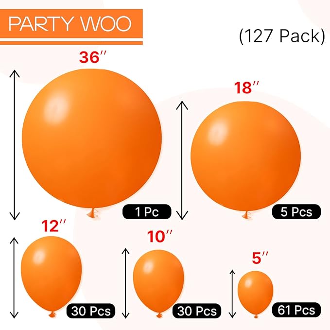 PartyWoo Orange Balloons 127pcs Different Sizes of 36 18 12 10 5 Inch Matte Fall Balloon Arch Kit Garland for Thanksgiving Halloween Little Cutie Baby Shower Birthday Party Decorations Orange-Y9