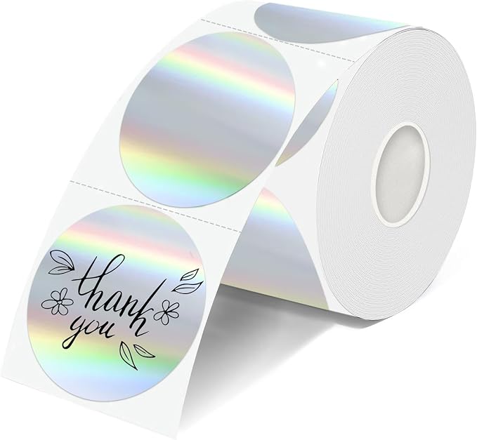 2 Inch Round Holographic Thermal Labels, Waterproof Direct Thermal Stickers, Self-Adhesive Circle Label for Small Business DIY Logo QR Code, Silver (200 Pcs/Roll)