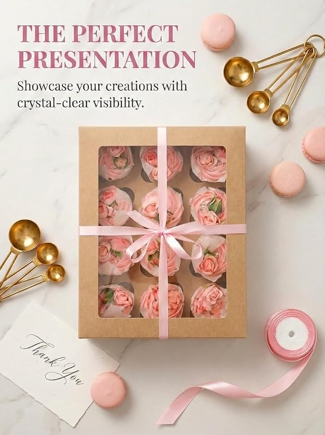 qiqee Auto-pop Up Cupcake Boxes with Window Brown 40PCS 12 Count Cupcake Box 13"x10"x3.5" Cupcakes Carrier, 12 Cupcake Containers with 2 rolls of pink ribbons