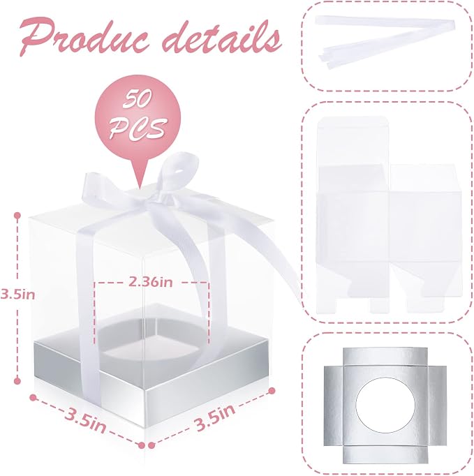 Thenshop 50 Pcs Clear Cupcake Boxes Individual 3.5 Inch Plastic Single Cupcake Containers Boxes with Inserts and Ribbon Individual Cake Storage Holders for Cake Kitchen(Silver)