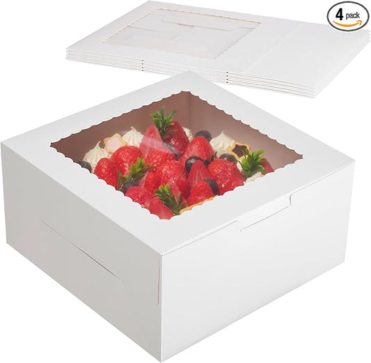 Kootek 4pcs Cake Boxes with Window, 10 x 10 x 5 Inches Bakery Boxes Treat Cookie Dessert Boxes Pastry Box for Cake, Chocolate Covered Strawberries, Cupcakes, Donuts, Baked Goods