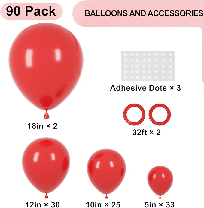 Voircoloria 90pack Red Balloons Different Size 18/12/10/5 Inch Red Balloon Garland Arch Kit for Valentine's Day, Graduation, Wedding, Birthday, New Year, Baby Shower, Christmas Party Decorations