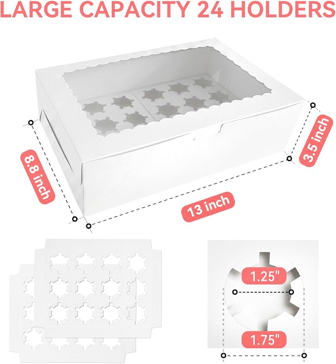 2 Pack White Mini Cupcake Boxes Containers Hold 24 MINI Cupcakes, 13 x 8.8 x 3.5 Inch Dessert Muffins Box with Window and Inserts for Birthday Holiday Party Bakery Supplies