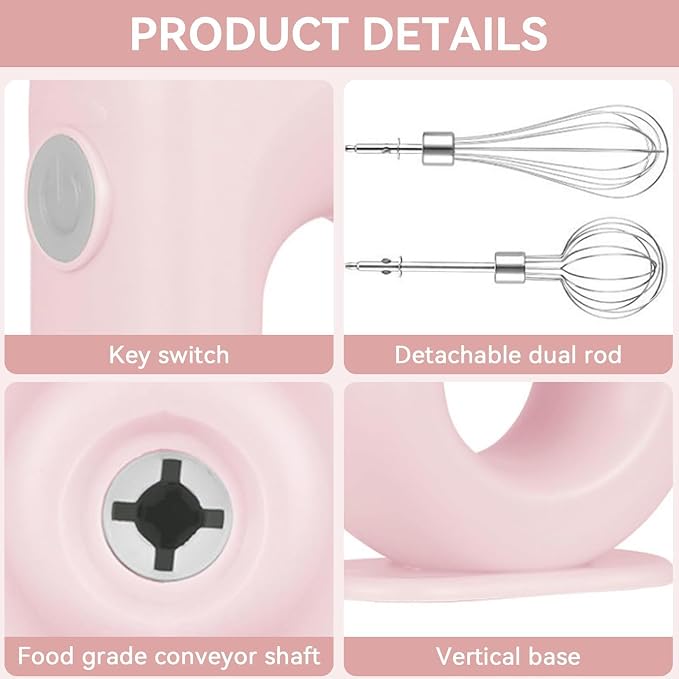 Cyrank Cordless Hand Mixer, Handheld Mixer Electric Hand Mixer 4 Speed Electric Handheld Mini Egg Beater USB Charing 1500mah(Pink)
