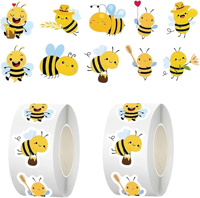 Cute Bee Stickers, 2 Rolls 1000 Pcs Cartoon Bee Stickers Waterproof Self-Adhesive Honey Bee Decals Teacher Reward Envelope Seal Party Favors Crafts