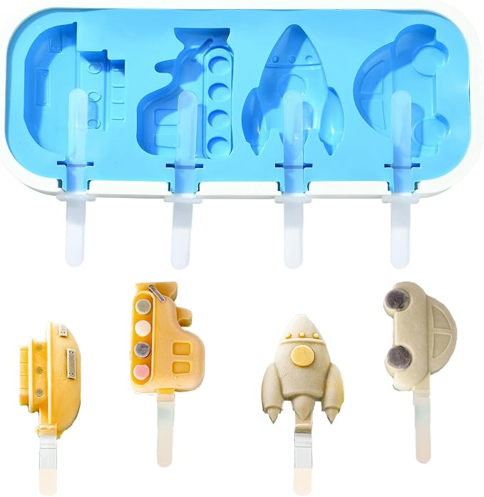 Ipotkitt Blue Vehicle Silicone Ice Cream Mold Car Rocket Ship Candy Molds for Ice Cream Chocolate Jelly Cake Ice Crafts, 1pcs, 9.5x23.5x3cm, 4 Cavities