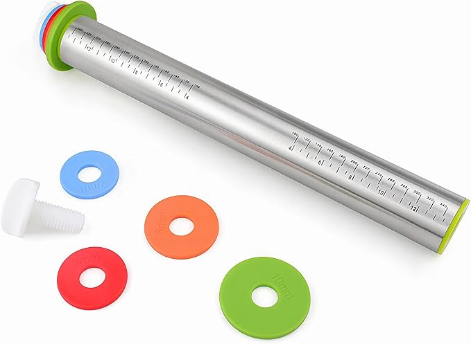 17" Adjustable Rolling Pin with 4 Sets Thickness Rings, Stainless Steel Dough Roller Pin for Pizzas, Pies, Biscuits, Dumplings, Pasta - Easy to Clean