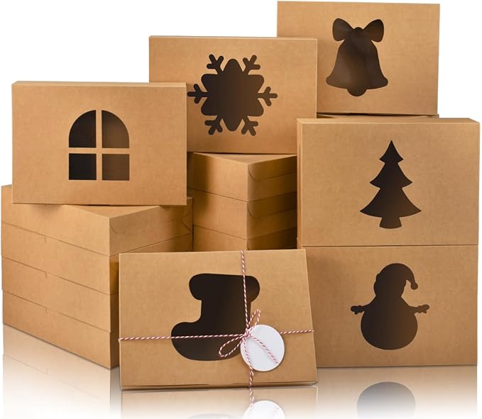 COTOPHER 18Pcs Christmas Cookie Boxes with Window, 12x8x2.5 inch Brown Bakery Boxes for Gift Giving, Kraft Treat Boxes Dessert Boxes for Cakes Donuts Chocolate Strawberries Pastries Muffins