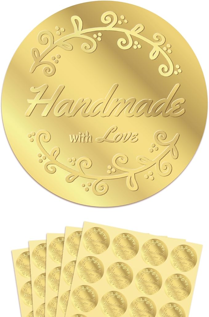 100Pcs Embossed Favor Stickers Labels, Gold Foil Tags Envelope Seals, Wedding Invitation Decor Foil Party Favor Stickers for Sealing Awards Embossing Certificates 1.5 Inch, Handmade with Love