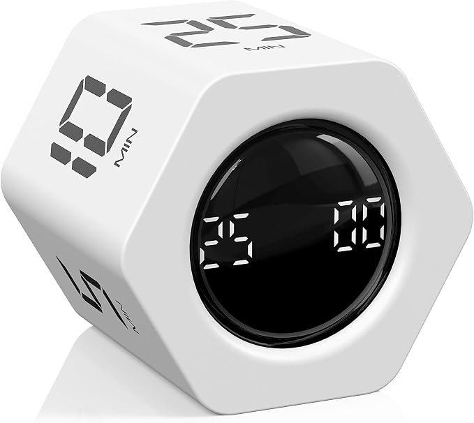 Rotating Pomodoro Timer 5, 25, 10 30,60 Mins Preset Stopwatch, Desk Flip ProductivityTimer, ADHD Tool Hexagon, Vibration/Mute/Alarm, for Work, Study, Back to School, Kitchen, White