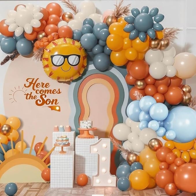 Here Comes the Son Balloon Arch Kit, Retro Blue Yellow Boho Balloon Garland with Mustard Yellow Pastel Blue Sand White Coffee Balloon for Fall Colorful Baby Shower First Birthday Party Decoration