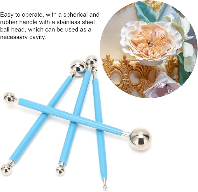 4Pcs Cake Metal Ball Dotting Sculpting Modeling Tool Set premium Stainless Steel 304 Baking Decorating Kit for Fondant Cake Clay Art DIY Projects Blue