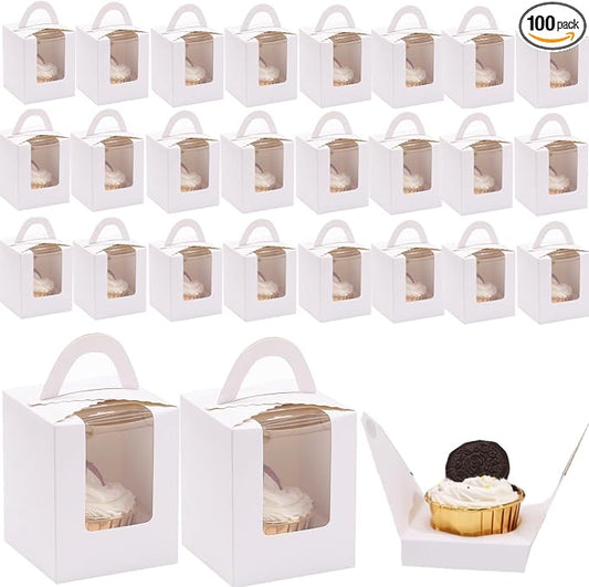 100 Pack Single Cupcake Boxes with Window, White Individual Cupcake Containers with Handle, 3.7x3.7x4.5 Inch Kraft Paper Favor Bakery Container for Small Cake, Muffins, Birthday, Wedding