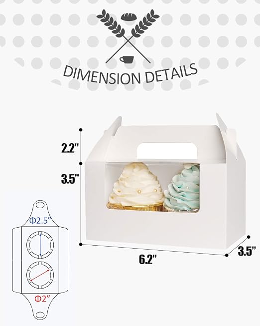 qiqee Cupcake Box Two Holder 6.5x3.6x3.5inch(2.2" Top) 50pcs White 2 Cupcake Boxes With Window